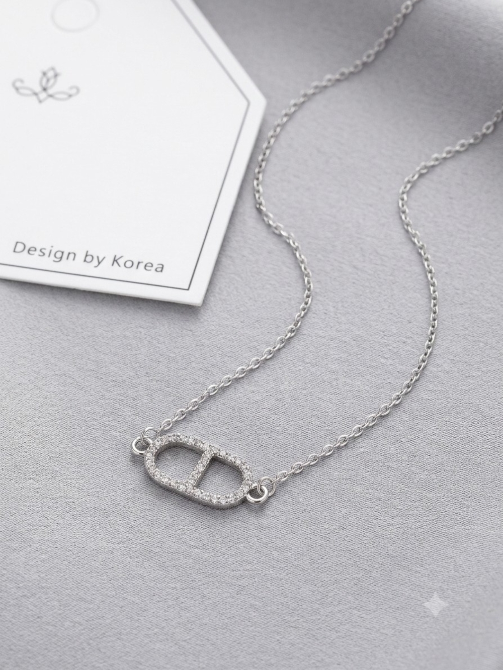 Silver Pavé Oval Link Necklace - Korean Design